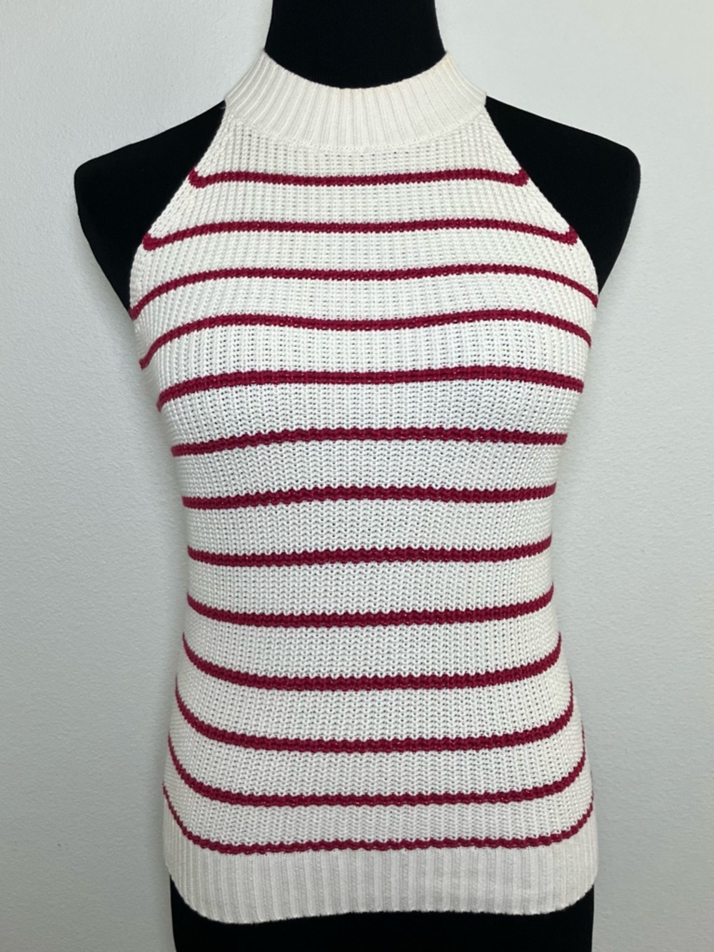 Knit Halter Tank Top with White Metallic Red Stripes